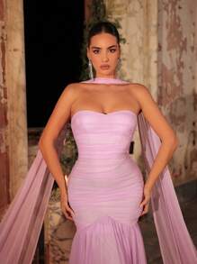 Glamrae Elegant Lavender Sparkle Flowing Mesh Strapless Pleated Decor High Waist Slim Fit Mermaid Tail Train Back Adjustable Tie Strapless Versatile Evening Gown, Party Dress, Wedding Guest Dress, Formal Dress, Evening Dress