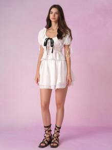 SHEIN MOD 白色田园性感衬衫，带蕾丝前襟，乡村女装，波西米亚风格，音乐节，春假，早午餐，西部女装，圣帕特里克 - 白色 - 查看 4