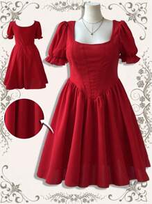 Flirla Plus Size V-Neck Rhinestone Splice Waist Ruched A-Line Short Sleeve Dress, Valentine's Day - Red - View 1