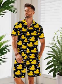 Manfinity RSRT Fashionable Casual & Holiday Style Funny Cartoon Little Yellow Duck All-Over Digital Print Pattern Slim Fit Casual Shirt And Shorts Set For Men, Perfect For Outdoor Holiday, Date, Party, Gift For Boyfriend - Black - View 5