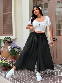 SHEIN EZwear Plus Size Capris For Women,Work,Solid Color Wide Leg Pants,Skorts For Women,Loose Business Casual Woman Straight Leg Trousers,Spring Summer Clothes