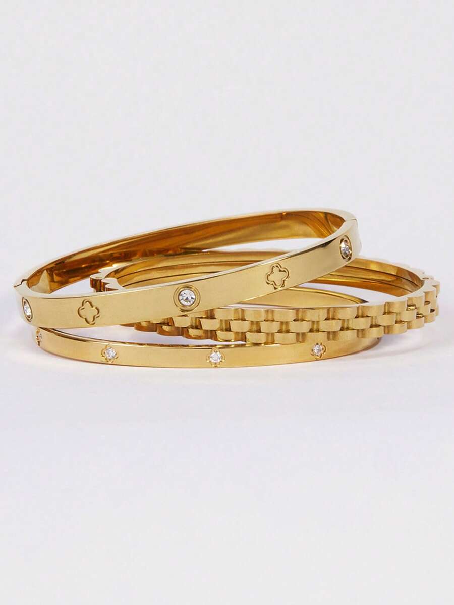 CHICVUE 18K镀金不锈钢可叠戴手链，链条搭配四叶草设计，时尚百搭，适合女性佩戴，可用于休闲、派对、节日、生日、婚礼、情人节、母亲节、圣诞节等场合，也是送给妈妈的理想礼物。 - 金色 - 查看 1