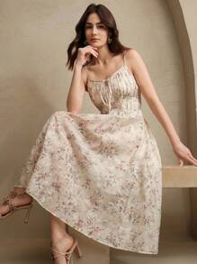 Anewsta Damen elegantes Kleid mit Blumen- und Schmetterlingsprint, Bindung in der Taille, sommerliche Brunch-Outfits für Festivals - Aprikosenfarben - Übersicht 1