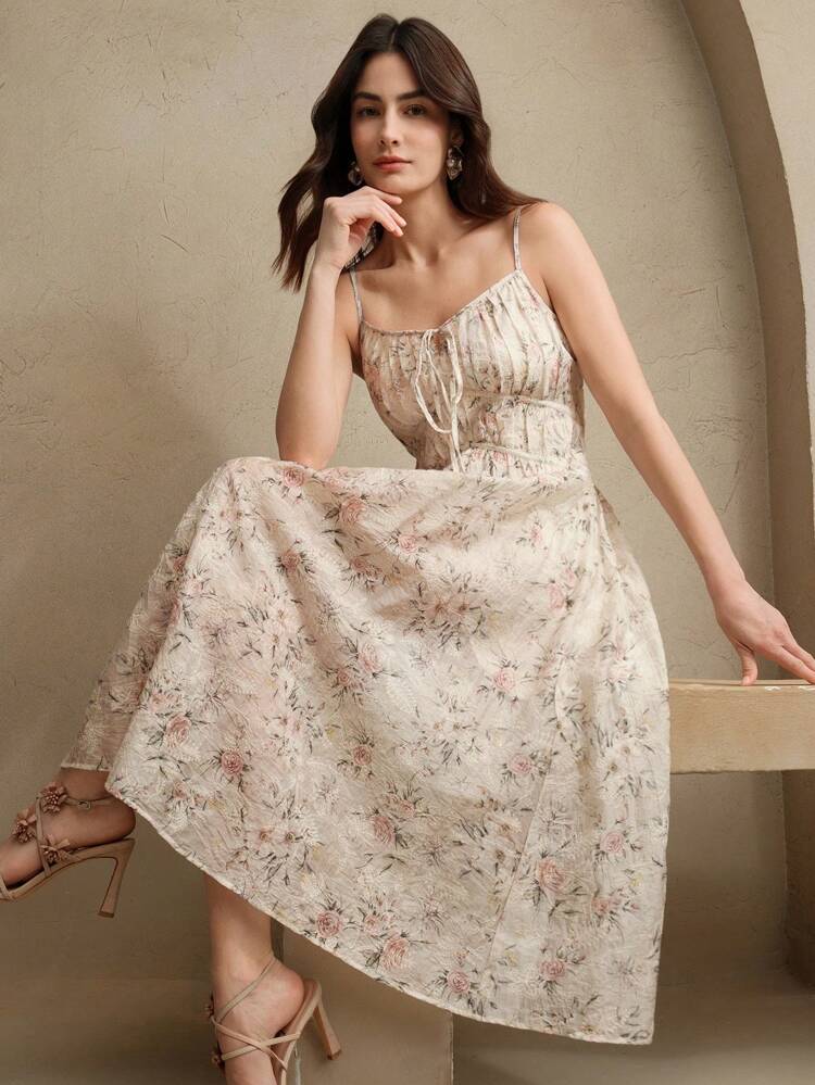 Women's Elegant Floral Bow Print Tie Waist Dress, Summer Brunch Outfits Festival