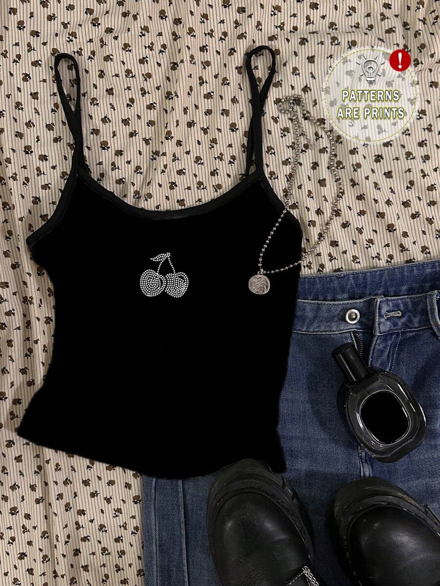 Attitoon Women's Cute Cherry Pattern Casual & Sexy Cami Top, Suitable For Summer Back To School - Black - View 1