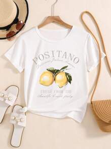 Tween Girl Casual Lemon Letter Print Short Sleeve T-Shirt Style Hit  Summer Tops - White - View 1