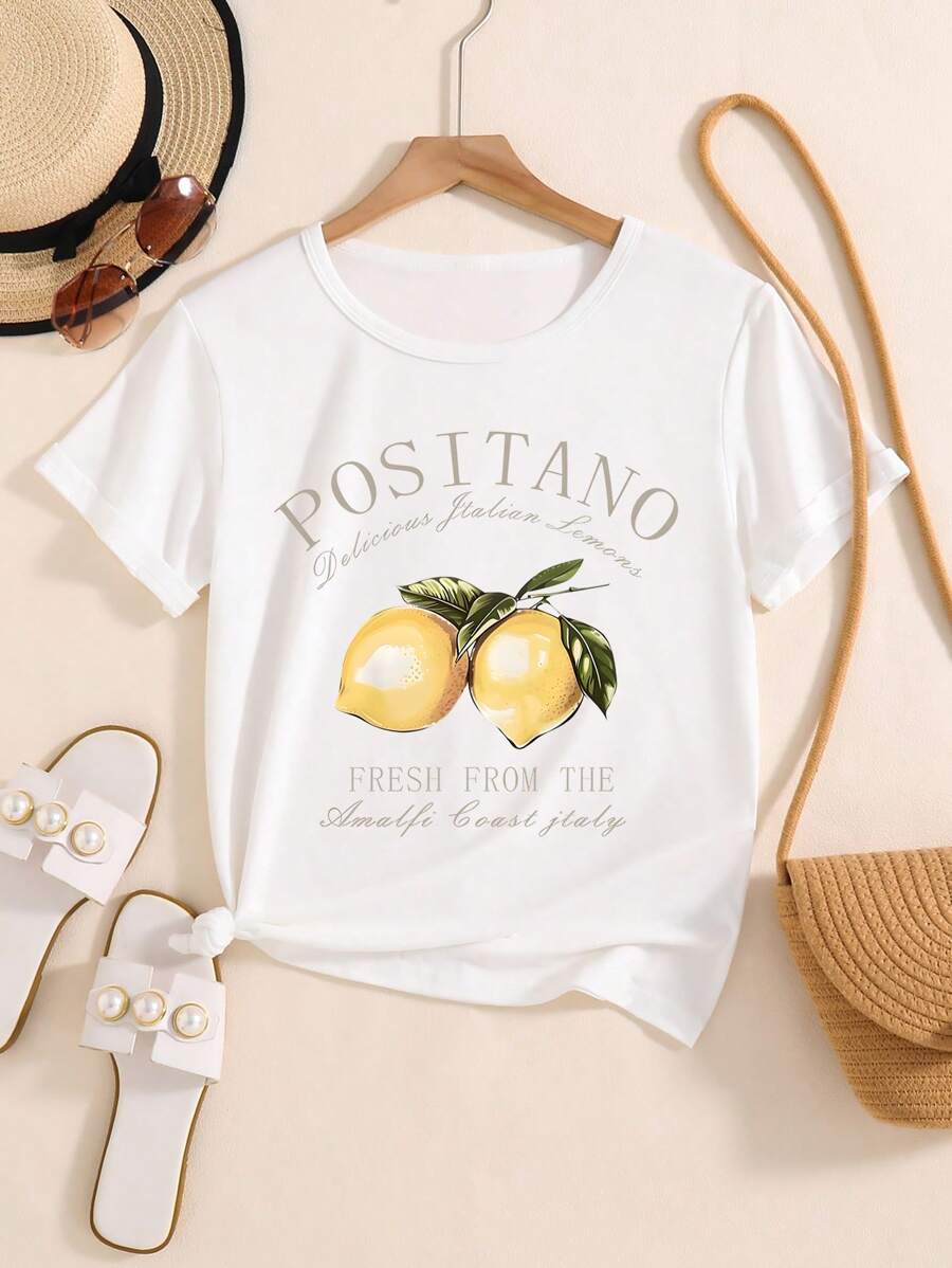 Tween Girl Casual Lemon Letter Print Short Sleeve T-Shirt Style Hit  Summer Tops - White - View 1