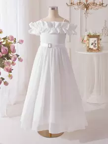 SHEIN Young Girls' White Pearl & Chiffon Patchwork Knit Slip Dress Wedding Guest Dress Kids Teens Dresses Girls - White - View 6