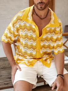 Manfinity Homme 男士波浪条纹单排扣短袖休闲针织上衣，钩针编织沙滩度假上衣 - 彩色 - 查看 8