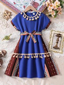 Ramadan Young Girls Casual Floral Print Long Sleeve Fringe Midi Princess Dress, Suitable For Spring, Autumn, Festivals And Parties, Summer Youth Girl Dress - Royal Blue - View 1