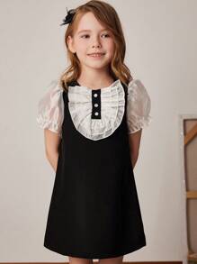 PrepCrw Young Girls' Contrast Color A-Line Chiffon Dress With Puff Sleeves, For Spring/Summer - Black and White - View 3