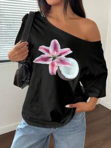 Flirla Women Loose Hibiscus & Coconut Flower Print Oversized White T-Shirt, Asymmetrical Neck - Black - View 3