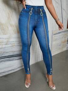 SHEIN LUNE 女款2025新款数码拉链图案修身打底裤（定位花卉）