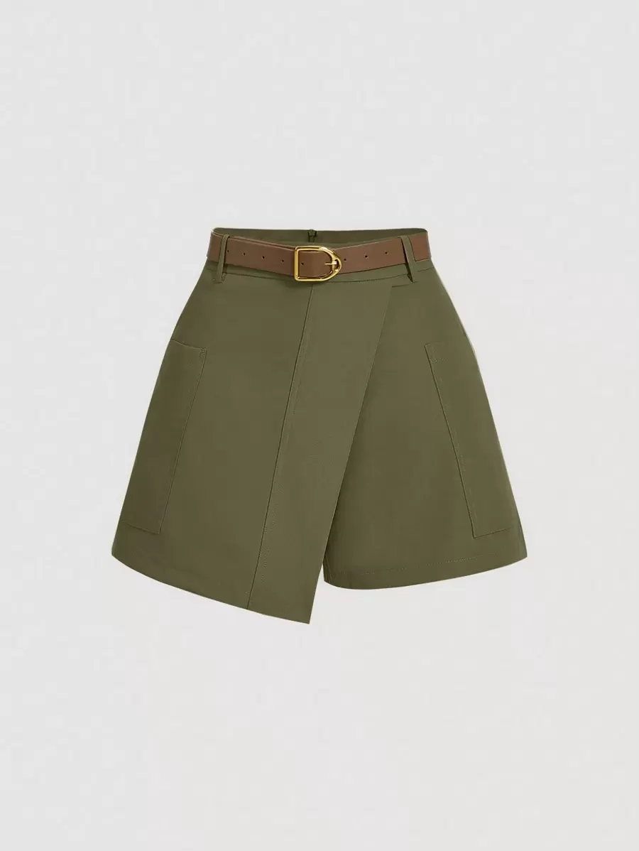 SHEIN MOD 优雅军绿色前系带短裤秋冬短裤外出短裤复古短裤节日短裤 - 軍綠色 - 查看 1