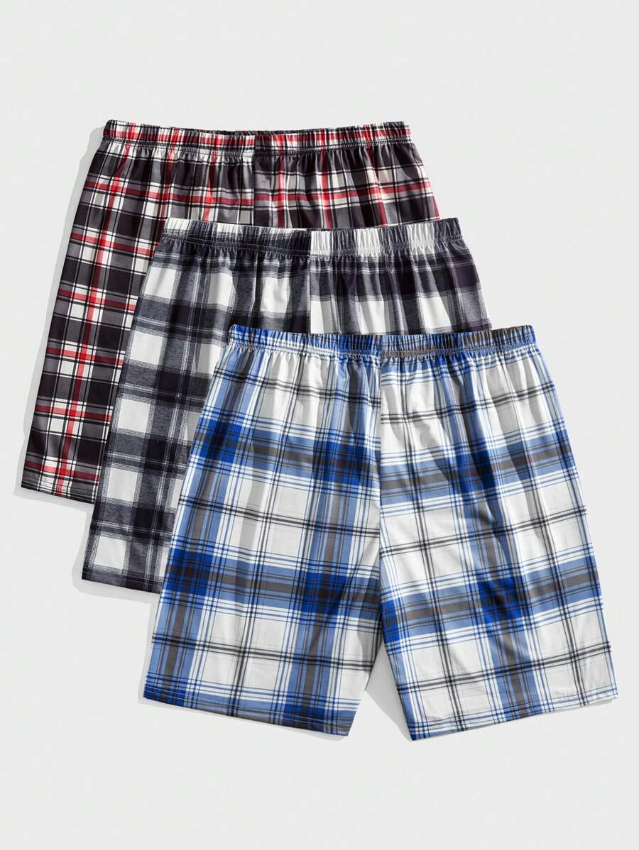 3-Piece Men's Plaid Elastic Waist Lounge Bottom Sleep Shorts Set - Multicolor - View 1