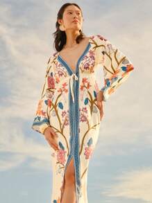 CAJUNI Women's Boho Tropical Colorful Print, Holiday Casual Lantern Sleeve Long Sleeve V-Neck Backless Long Dress