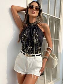 SHEIN Clasi Camisa bordada, minimalista, apta para el verano - Negro - Ver 1