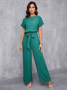 SHEIN Clasi Women's Elegant Round Neck Jumpsuit With Belted Waist & Wide Leg - Green - View 5