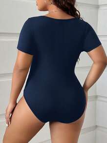 CovetEZ Plus Size Minimalist Solid Color Ruched Rhinestone Collar Bodysuit - Navy Blue - View 2