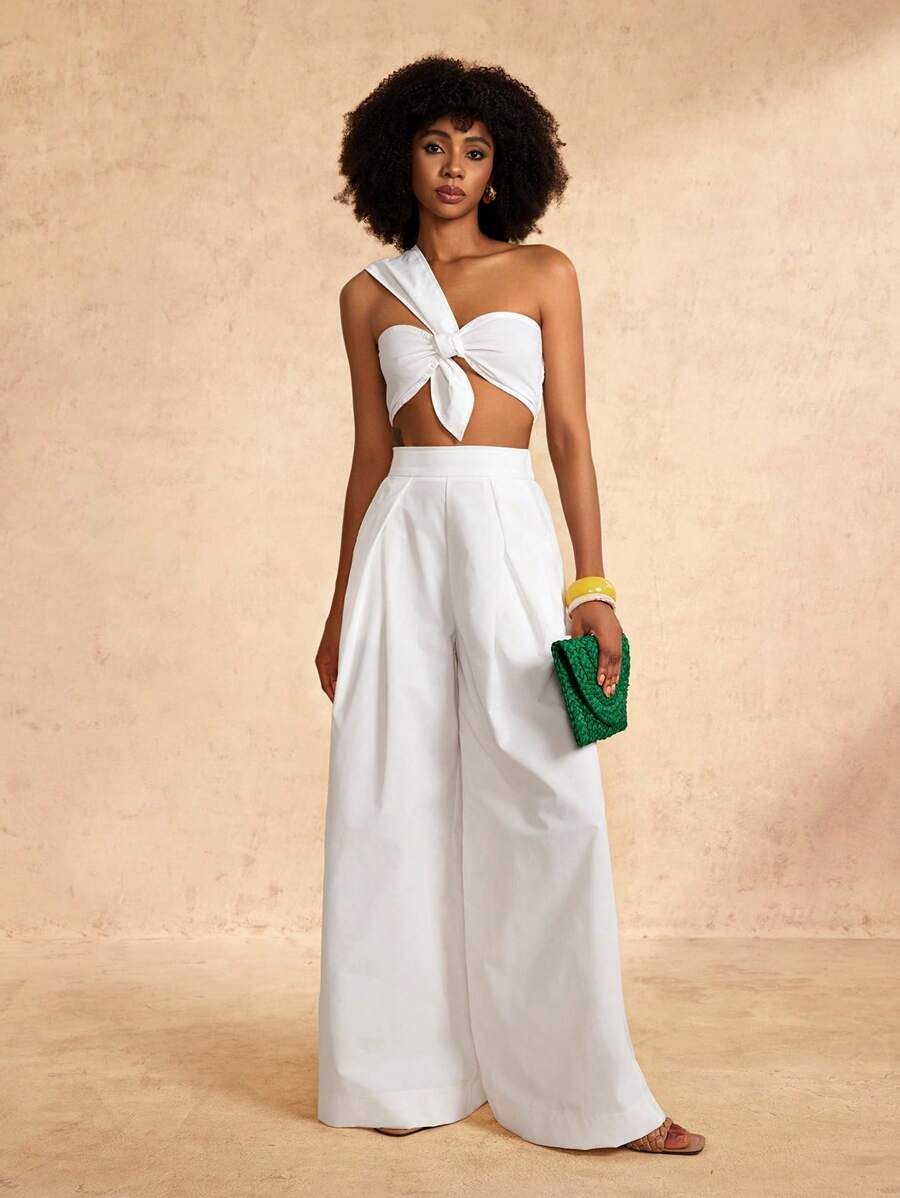 Neuer Frühlings- und Sommer-Lässig- und eleganter Urlaubs-Einschulter-Knoten-Design-Crop-Top mit breitem Bein Superweite Hose Weiß Gewebt Damen Zweiteiler-A