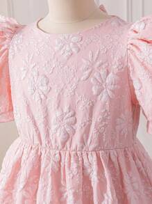 Tween Girl Dusty Pink Round Neck Jacquard Floral Puff Sleeve Bow Back Decor Elegant Summer Party A-Line Dress,Occasion Dress For Princess,Graduation - Pink - View 9
