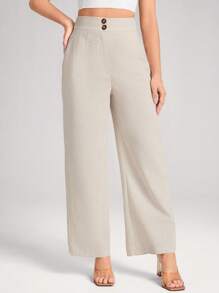 SHEIN LUNE 女式高腰半开亚麻棉混纺休闲度假优雅直筒裤 - 杏色 - 查看 2