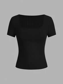 SHEIN EZwear 3 件女式方领修身短袖罗纹 T 恤，适合夏季，安科拉红色 - 彩色 - 查看 10