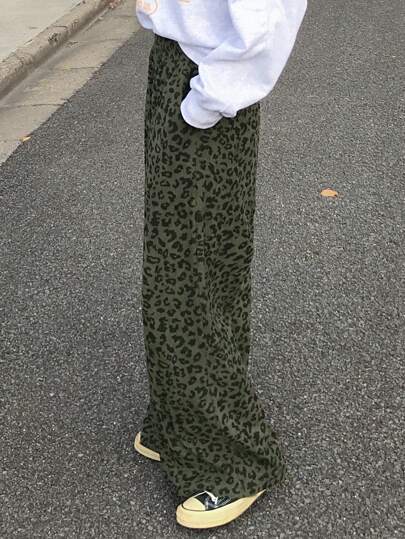 FRIFUL Women Casual Leopard Print Wide Leg Pants