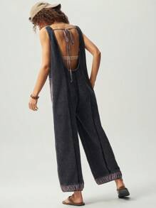 Bohemela 女式纯色针织宽松阔腿连体裤，度假风格 - 黑色 - 查看 5