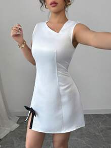 Elenzga Vestido corto mini de línea A con hombros asimétricos, cuello trenzado, mangas cortas y lazo con acentos de color contrastante, elegante para salir, citas, fiestas, banquetes, festivales de música, Ramadán