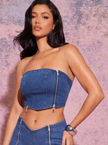 Denimoi Simple & Fashionable Zipper Detail Denim Tube Top, Suitable For Summer - Blue - View 1