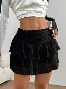 TRNVIE Women Lace Ruffle Hem Ruched Skirt