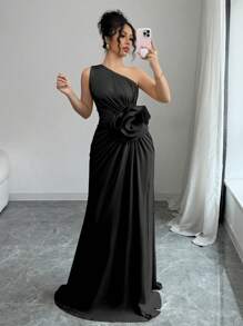 Rafferiza Đầm dài họa tiết hoa 3D bất đối xứng dành cho nữ - màu đen - Xem 7