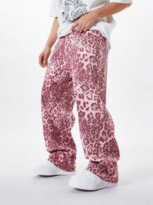 Manfinity EMRG Men's Leopard Print Loose Wide-Leg Jeans Pants, - Multicolor - View 1
