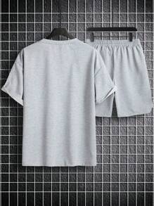 Claim Dot 宽松男士纯色落肩T恤和抽绳腰短裤套装男士两件套休闲 - 灰色 - 查看 2