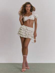 MUSERA Ditsy Floral Lines Chiffon Puff Sleeve Frill Ruched Bust Cropped Sexy Elegant Cute Dainty Fields Going Out Tops Elegant Spring Summer - Multicolor - View 4