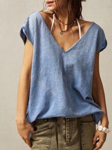 Bohemela Boho Women Solid Color V-Neck Cap Sleeve Loose Washed T-Shirt - Blue - View 2