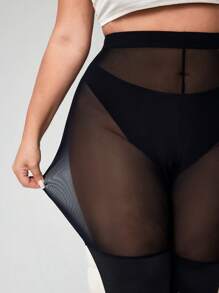 SHEIN CURVE+ Damen Große Größen, Valentinstag, Valentinstags Strümpfe, Schwarze Strumpfhosen in Große Größen, Rutschfeste Oberschenkelhohe Strümpfe, Schwarze Mesh-Patchwork Leggings für den täglichen Gebrauch, einfach modisch, Frühlings-Sommer Kleidung