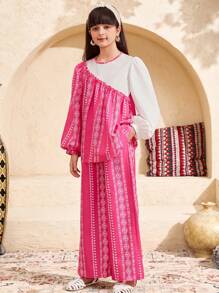 SHEIN Tween Girl Casual Patchwork Round Neck Color Block Long Sleeve Shirt And Pants Set - Hot Pink - View 3