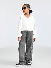 SHEIN Camiseta corta de punto acanalado con cuello en V y hombros caídos para niña preadolescente en Acción de Gracias - Blanco - Ver 4