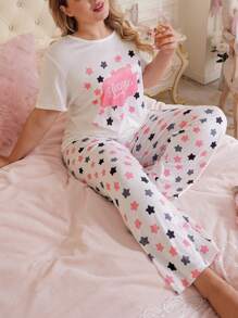 SweetSlumber 大码女式星星和云朵印花短袖上衣和裤子睡衣套装