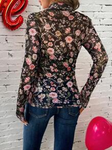 SHEIN LUNE 弹力网眼印花高领修身长袖女式上衣，休闲款 - 黑色 - 查看 2