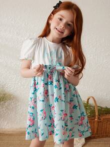 Blossori Young Girls' Spring/Summer French Elegant Floral Print Short Sleeve Dress