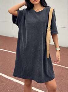 Muchica Black Snow Washed Oversized Short Dress For Women - Black - View 5