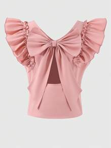 SHEIN Top informal para niñas con diseño de cuello en V, mangas acampanadas, espalda descubierta y lazo desmontable en color liso, adecuada para salidas diarias