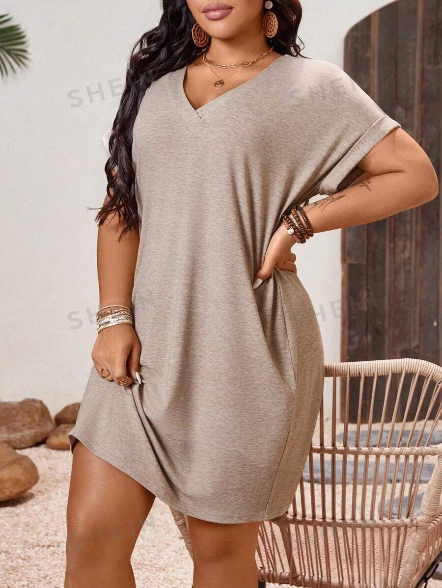 EMERY ROSE Vestido casual midi de talla grande con cuello en V, unicolor y volantes en los puños, primavera