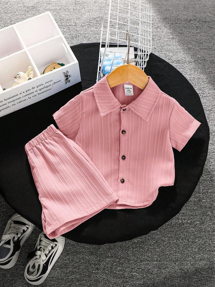 SHEIN مجموعة من قطعتين لأطفال الرضع البنات/الأولاد، كاردجان بياقة مربعة وسروال قصير بلون أحادي، لفصل الصيف - وردي - مشاهدة 3