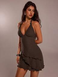 SHEIN Forever 21 Lässige Damen Outfits/Sommerkleidung/Strandkleid/Sommerkleidung/Teeparty Kleid/Strandurlaub Outfits/Kurven Bademode/Sommerkleidung/Strandurlaub Outfits/Country Music Festival Braun Textur Mini A-Linien Kleid