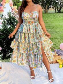 SHEIN LUNE 大码 V 领层叠荷叶边下摆连衣裙