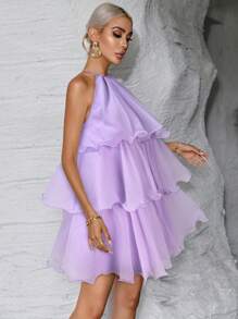 Firerie Women's Elegant Solid Color Multi-Layer Halter Neck Dress - Lilac Purple - View 6